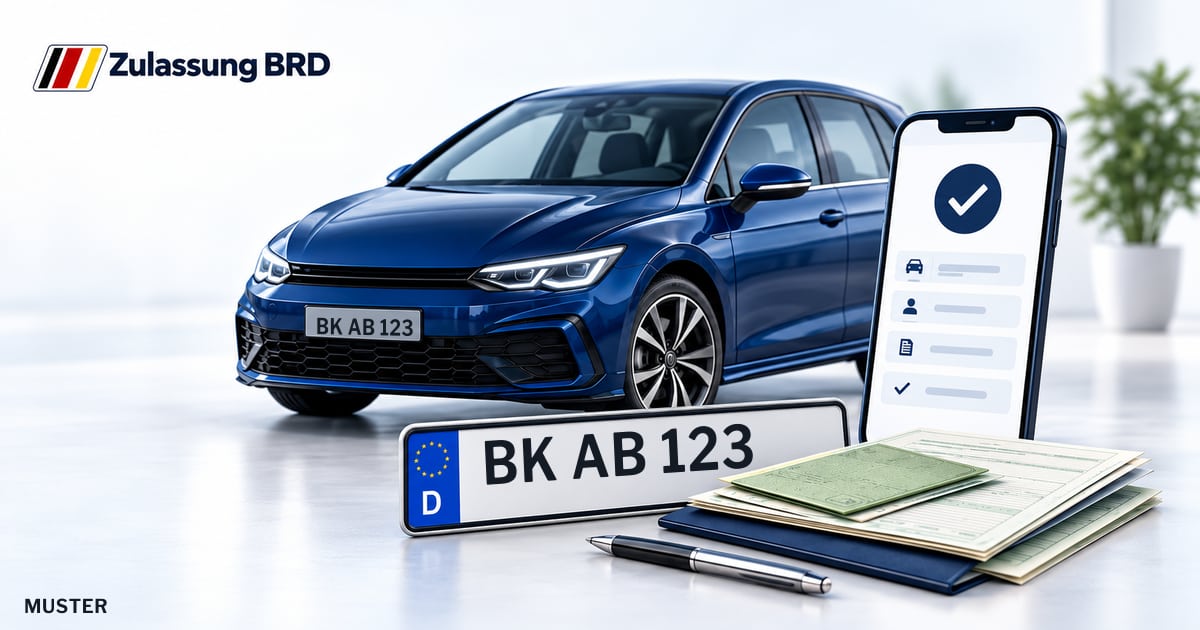 Online Fahrzeugzulassung in Oschersleben (Bode): Musterkennzeichen BK AB 123, Auto und Fahrzeugpapiere und Smartphone. Illustration mit Logo von Zulassung BRD.
